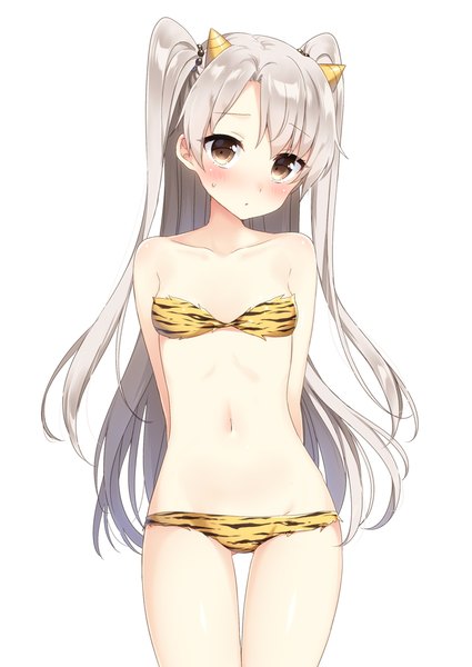 Anime picture 800x1130 with kantai collection amatsukaze destroyer masuishi kinoto single long hair tall image looking at viewer blush fringe breasts light erotic simple background white background brown eyes silver hair horn (horns) two side up embarrassed thigh gap flat chest