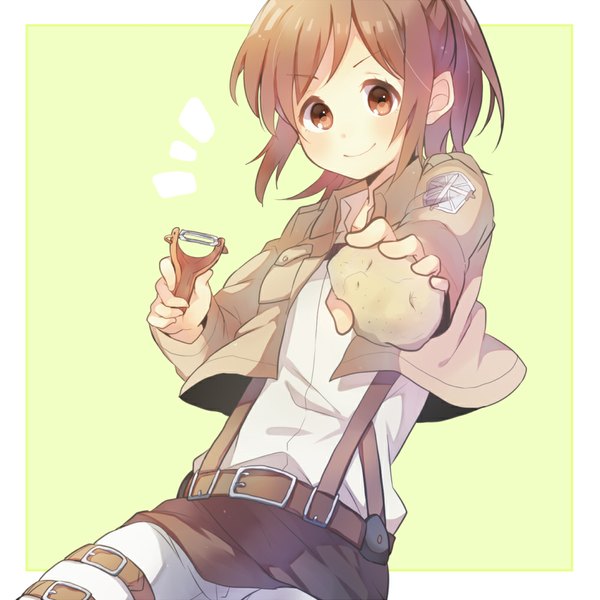 Anime picture 1000x1000 with shingeki no kyojin production i.g sasha blouse ebo single looking at viewer short hair simple background smile brown hair holding brown eyes girl jacket belt thigh strap blouse vegetables potato