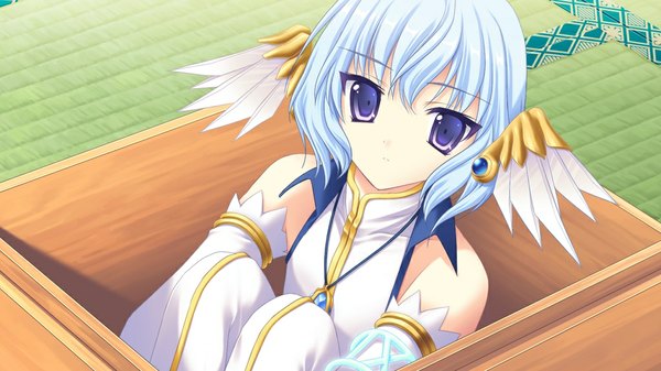 Anime picture 1024x576 with shion no ketsuzoku (game) short hair wide image purple eyes game cg white hair girl