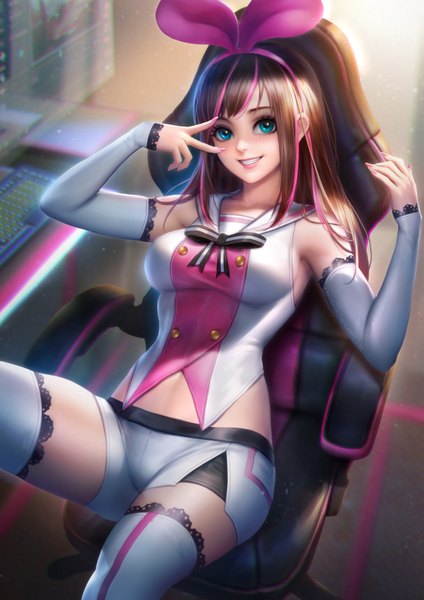 Anime picture 2480x3508 with virtual youtuber a.i. channel kizuna ai nudtawut thongmai single long hair tall image looking at viewer fringe highres breasts smile brown hair sitting bare shoulders payot pink hair indoors nail polish multicolored hair