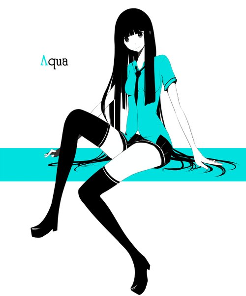 Anime picture 1250x1500 with original haru@ single long hair tall image looking at viewer black hair simple background white background black eyes girl thighhighs skirt black thighhighs shirt necktie