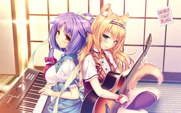 Anime picture 1200x750 with neko paradise neko works (studio) maple (sayori) cinnamon (sayori) sayori long hair looking at viewer blush breasts blonde hair smile large breasts sitting multiple girls holding brown eyes green eyes animal ears purple hair ponytail