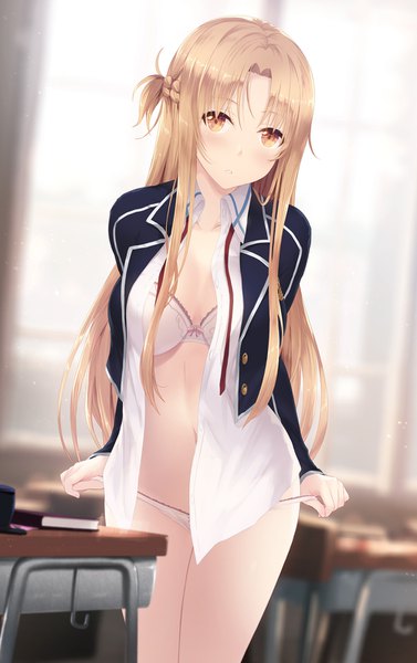 Anime picture 1000x1590 with sword art online a-1 pictures yuuki asuna cait single long hair tall image blush fringe breasts light erotic hair between eyes brown hair standing brown eyes payot looking away cleavage indoors braid (braids)