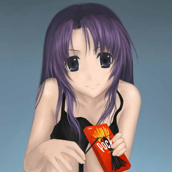 Anime picture 1000x1000 with toradora j.c. staff kawashima ami surume (clavis) single long hair looking at viewer bare shoulders purple hair black eyes blue background girl sweets pocky