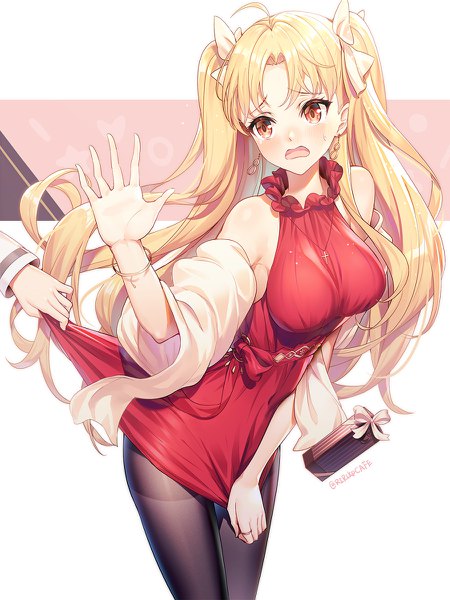 Anime picture 900x1200 with fate (series) fate/grand order ereshkigal (fate) ririko (zhuoyandesailaer) long hair tall image blush fringe breasts open mouth light erotic blonde hair simple background standing white background bare shoulders brown eyes signed looking away ahoge