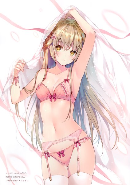 Anime picture 2082x2954 with original miwabe sakura single long hair tall image looking at viewer blush fringe highres breasts open mouth light erotic blonde hair simple background hair between eyes standing white background holding yellow eyes cleavage