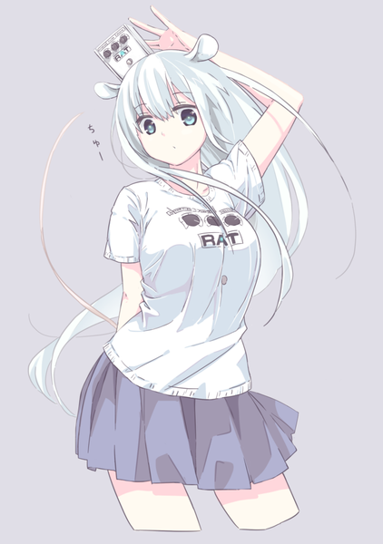 Anime picture 703x1000 with original matsuda hikari single long hair tall image looking at viewer fringe breasts blue eyes simple background large breasts standing animal ears white hair pleated skirt clothes writing purple background girl skirt t-shirt