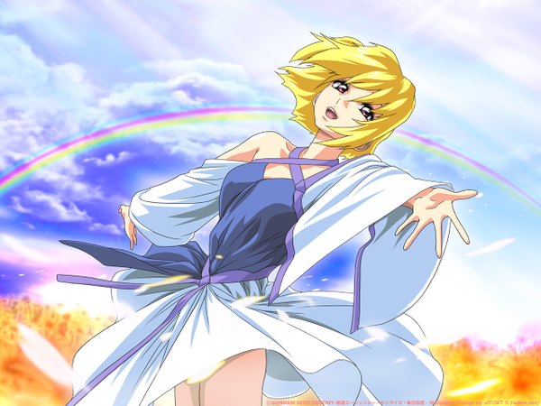 Anime picture 1280x960 with mobile suit gundam gundam seed destiny sunrise (studio) stellar loussier short hair open mouth blonde hair purple eyes cloud (clouds) wallpaper outstretched arm spread arms girl dress rainbow
