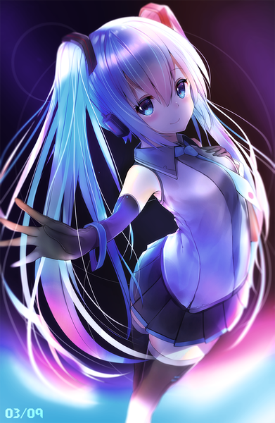 Anime picture 780x1197 with vocaloid hatsune miku neku (neku draw) single long hair tall image looking at viewer blush fringe blue eyes smile hair between eyes standing twintails bare shoulders payot blue hair pink hair pleated skirt zettai ryouiki