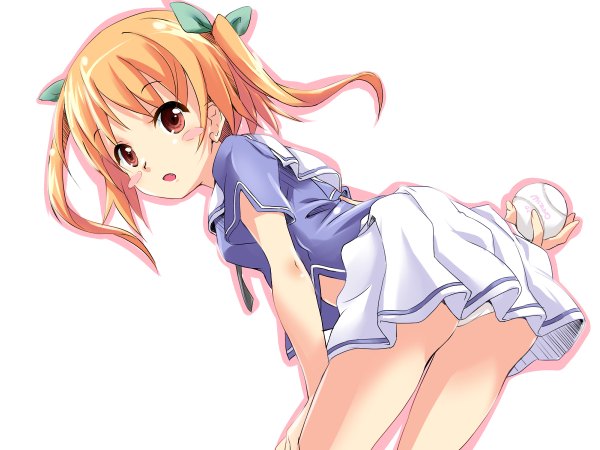 Anime picture 1200x900 with ore no kanojo to osananajimi ga shuraba sugiru a-1 pictures harusaki chiwa tagme (artist) single looking at viewer blush short hair open mouth light erotic simple background blonde hair white background twintails looking back :o shadow leaning two side up leaning forward