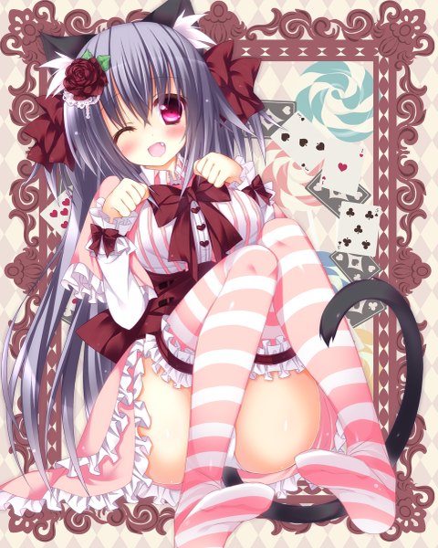 Anime picture 961x1200 with original ojitcha single long hair tall image looking at viewer blush light erotic sitting animal ears tail animal tail one eye closed pink eyes hair flower grey hair wink cat ears cat tail pantyshot