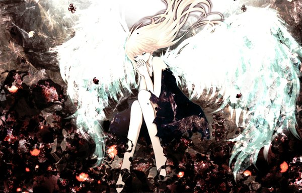 Anime picture 1500x961 with vocaloid megurine luka aonoe single long hair white hair eyes closed angel wings girl dress wings black dress