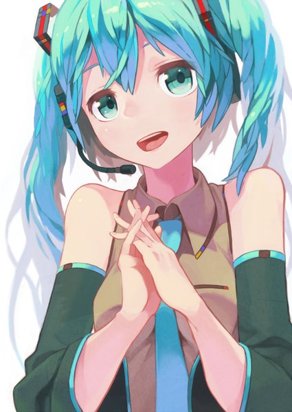 Anime picture 1000x1412 with vocaloid hatsune miku tomioka jirou single long hair tall image looking at viewer open mouth white background twintails bare shoulders aqua eyes aqua hair hands clasped interlocked fingers girl detached sleeves necktie headphones microphone