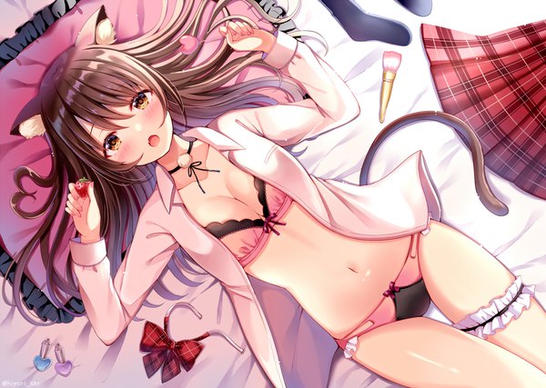 Anime picture 1090x776 with original sakura hiyori single long hair looking at viewer blush fringe breasts open mouth light erotic hair between eyes brown hair holding brown eyes signed animal ears payot indoors tail lying