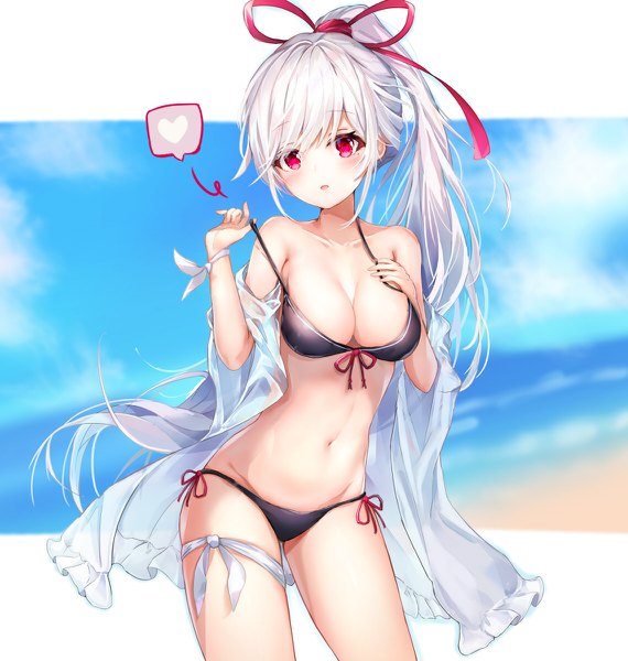 Anime picture 1140x1200 with original dana (hapong07) single long hair tall image looking at viewer blush fringe breasts open mouth light erotic hair between eyes standing bare shoulders sky cleavage cloud (clouds) outdoors white hair ponytail