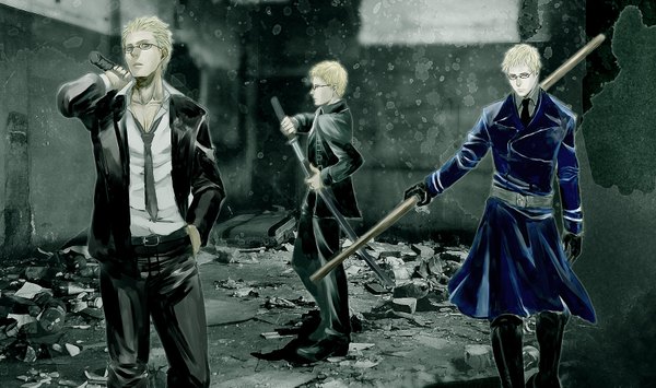 Anime picture 1688x1000 with axis powers hetalia gintama dorohedoro sunrise (studio) studio deen mappa sweden (hetalia) shin (dorohedoro) itou kamotarou rikka (artist) wide image white hair profile cosplay ruins multiple persona boy gloves weapon sword