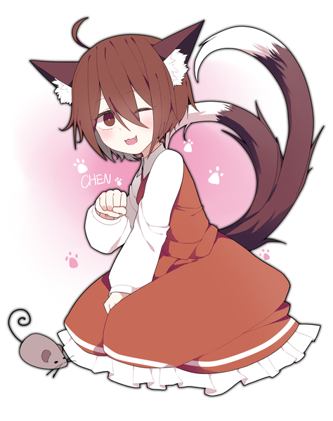 Anime picture 1932x2448 with touhou chen gla single tall image fringe highres short hair open mouth simple background smile hair between eyes brown hair white background sitting brown eyes animal ears ahoge tail long sleeves
