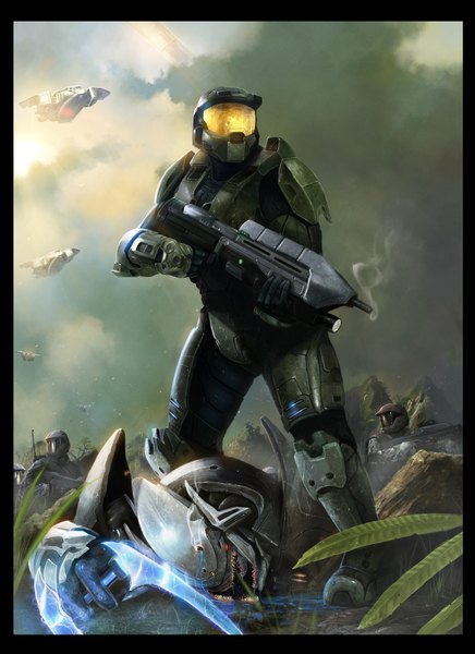 Anime picture 1200x1650 with halo (game) master chief tall image armor gun helmet aircraft airship