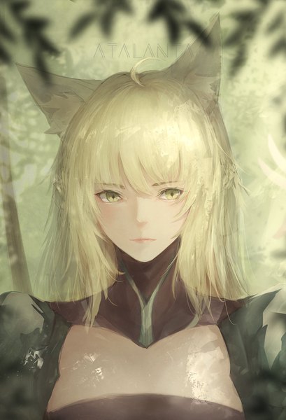 Anime picture 1084x1589 with fate (series) fate/grand order fate/apocrypha atalanta (fate) marumoru single long hair tall image looking at viewer fringe blonde hair hair between eyes animal ears yellow eyes upper body ahoge blurry cat ears character names girl