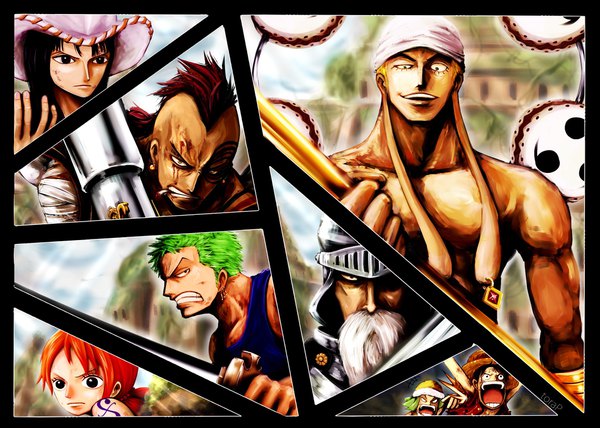 Anime picture 2140x1530 with one piece toei animation nami (one piece) monkey d. luffy nico robin roronoa zoro enel wiper gan fall aisa (one piece) torapunch long hair looking at viewer fringe highres open mouth black hair blonde hair smile brown hair