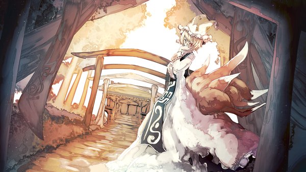 Anime picture 1920x1080 with touhou yakumo ran yoshioka yoshiko single looking at viewer highres short hair blonde hair red eyes wide image standing tail animal tail dutch angle fox tail fox girl multiple tails girl hat bonnet