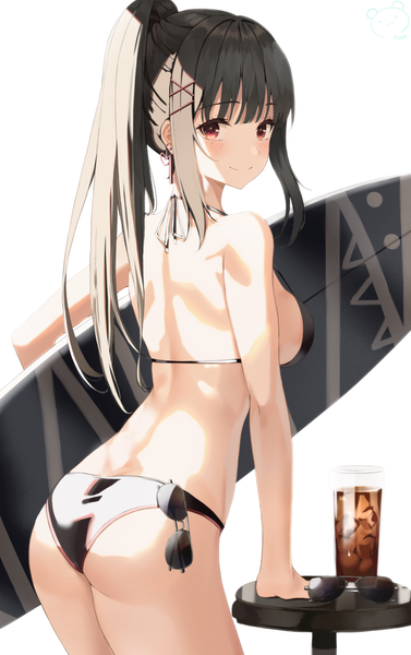 Anime picture 754x1200 with original ruda (ruda e) single long hair tall image looking at viewer blush fringe breasts light erotic black hair simple background smile standing white background holding brown eyes payot ponytail blunt bangs