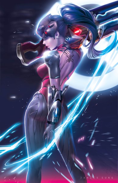 Anime picture 3300x5100 with overwatch blizzard entertainment widowmaker (overwatch) janice sung single long hair tall image highres standing signed blue hair looking away absurdres ass ponytail profile lipstick turning head shaded face eyeshadow