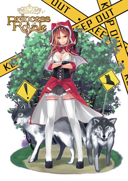 Anime picture 1240x1754 with original tokumaro long hair tall image red eyes orange hair crossed arms girl thighhighs dress animal white thighhighs traffic sign wolf caution tape