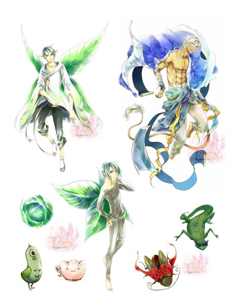 Anime picture 1000x1294 with original nux (artist) tall image short hair simple background white background yellow eyes silver hair tail barefoot light smile pointy ears aqua hair multiple boys tattoo fantasy fairy boy wings bracelet