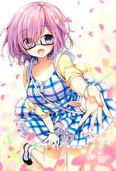 Anime picture 678x1000 with fate (series) fate/grand order mash kyrielight yadapot single tall image looking at viewer blush fringe short hair open mouth standing purple eyes pink hair bent knee (knees) nail polish hair over one eye happy standing on one leg outstretched hand