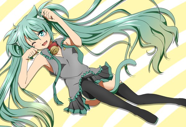 Anime picture 1200x820 with vocaloid hatsune miku rumia (compacthuman) single open mouth twintails animal ears tail lying very long hair animal tail one eye closed aqua eyes wink cat ears aqua hair cat girl cat tail girl thighhighs