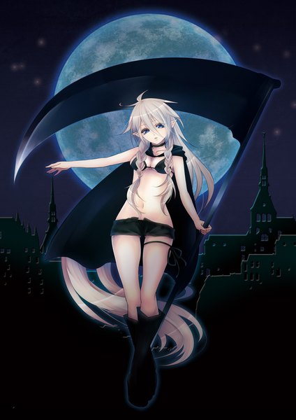 Anime picture 1500x2122 with vocaloid ia (vocaloid) itsuneko single long hair tall image blue eyes white hair braid (braids) pointy ears night girl weapon shorts moon cape bikini top scythe