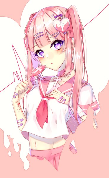 Anime picture 1847x3000 with original motsuni (lxxe1120) single long hair tall image looking at viewer blush fringe highres twintails purple eyes pink hair upper body blunt bangs midriff symbol-shaped pupils heart-shaped pupils bandaid on arm bandaid on hand girl