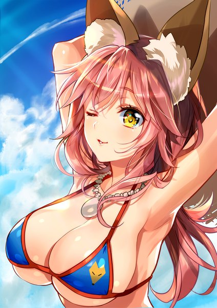 Anime picture 1414x2000 with fate (series) fate/extra tamamo (fate) (all) tamamo no mae (swimsuit lancer) (fate) murakami yuichi single long hair tall image breasts light erotic large breasts animal ears yellow eyes pink hair cleavage one eye closed wink girl swimsuit bikini