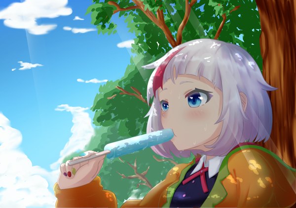 Anime picture 4299x3035 with virtual youtuber nijisanji hassaku yuzu isshii1031 single blush fringe highres short hair holding looking away absurdres sky cloud (clouds) upper body outdoors white hair red hair blunt bangs nail polish