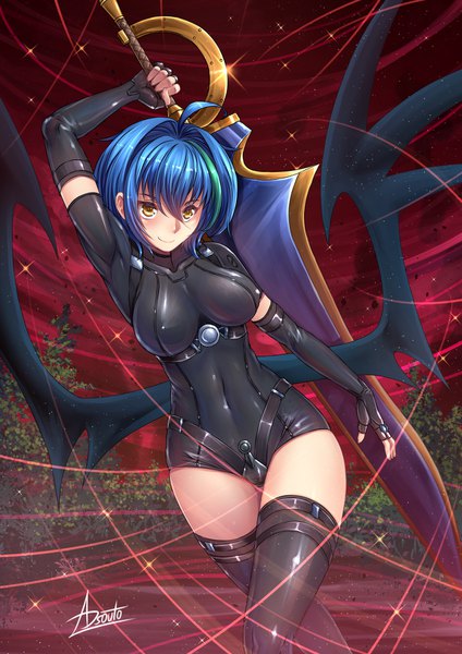 Anime picture 1240x1754 with highschool dxd xenovia quarta adsouto single tall image looking at viewer fringe short hair breasts light erotic hair between eyes large breasts holding signed yellow eyes payot blue hair sky ahoge outdoors