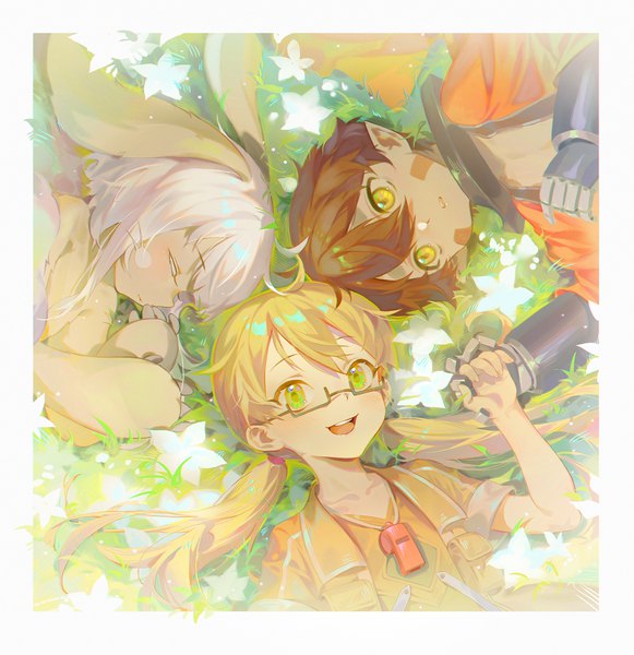 Anime picture 2000x2065 with made in abyss kinema citrus nanachi (made in abyss) regu (made in abyss) riko (made in abyss) xiaojiaju long hair tall image looking at viewer fringe highres short hair open mouth blonde hair hair between eyes brown hair twintails green eyes yellow eyes silver hair