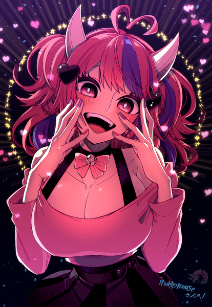 Anime picture 1000x1450 with virtual youtuber vshojo ironmouse blazbluefairy single tall image looking at viewer blush breasts open mouth light erotic smile large breasts bare shoulders pink hair cleavage ahoge nail polish head tilt :d