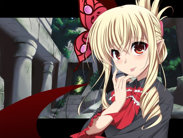 Anime picture 1906x1438 with original kokuyo ishi (artist) long hair looking at viewer blush highres blonde hair red eyes pointy ears girl hair ornament tongue