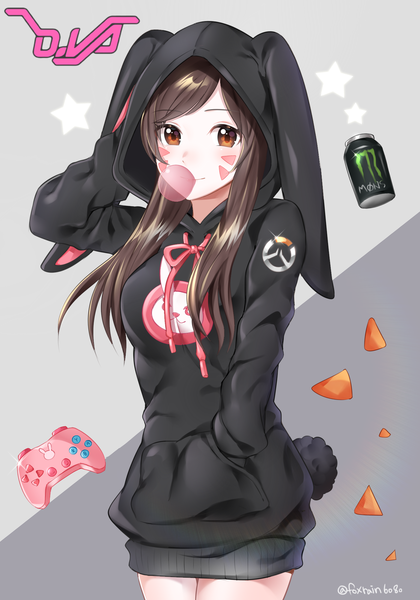 Anime picture 1400x2000 with overwatch blizzard entertainment monster energy d.va (overwatch) ubi (ekdus6080) single long hair tall image looking at viewer simple background smile brown hair standing brown eyes signed animal ears tail animal tail sparkle bunny ears
