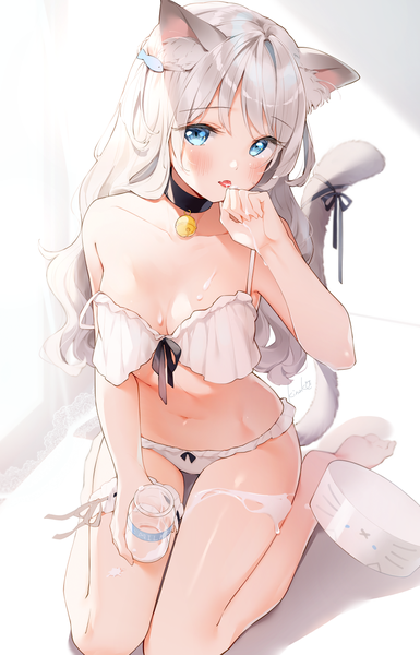 Anime picture 1038x1619 with virtual youtuber indie virtual youtuber amanagi el kinako (shiratama mochi) single long hair tall image looking at viewer blush fringe breasts blue eyes light erotic sitting bare shoulders signed animal ears silver hair tail animal tail