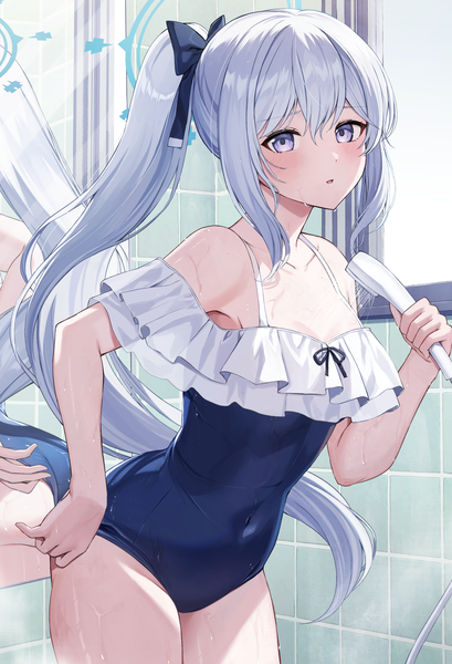 Anime-Bild 1882x2759 mit blue archive miyako (blue archive) miyako (swimsuit) (blue archive) kurousagi yuu single long hair tall image looking at viewer blush fringe highres light erotic hair between eyes silver hair ponytail indoors off shoulder leaning covered navel silver eyes