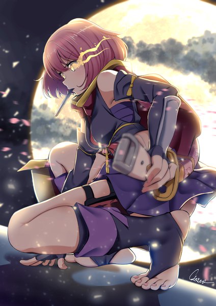 Anime picture 893x1263 with release the spyce minamoto momo casino (casinoep) single tall image fringe short hair hair between eyes bare shoulders holding signed yellow eyes looking away pink hair cloud (clouds) full body bent knee (knees) outdoors nail polish profile
