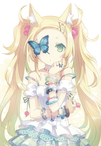 Anime-Bild 2098x3031 mit original blonde blossom (artbook) h2so4 single long hair tall image highres blonde hair bare shoulders green eyes animal ears scan girl dress hair ornament bracelet insect butterfly bobby pin x hair ornament