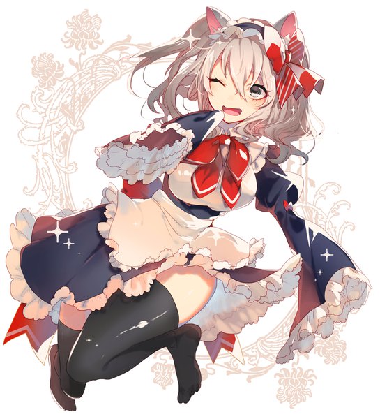 Anime picture 1400x1542 with kantai collection kashima training cruiser yakusuke single long hair tall image fringe breasts open mouth light erotic hair between eyes large breasts white background twintails animal ears looking away silver hair full body long sleeves one eye closed