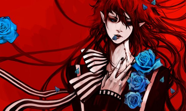 Anime picture 1592x952 with original duckhymn single looking at viewer blue eyes wide image red hair very long hair nail polish lips pointy ears red background boy petals rose (roses) blue rose