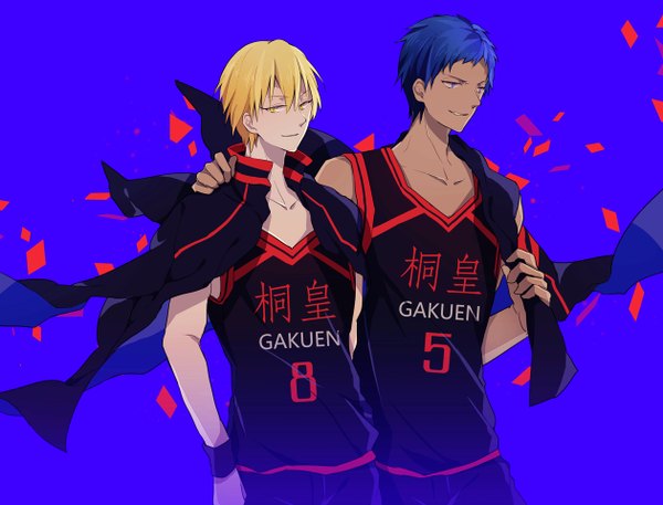 Anime-Bild 1260x960 mit kuroko no basket production i.g kise ryouta aomine daiki reira (zetalatte) simple background blonde hair smile yellow eyes blue hair looking away wind multiple boys hug dark skin blue background basketball boy uniform 2 boys