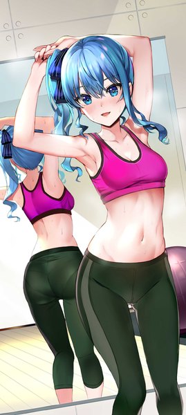 Anime picture 2050x4579 with virtual youtuber hololive hoshimachi suisei pukara single long hair tall image blush fringe highres breasts blue eyes light erotic hair between eyes standing blue hair ass indoors arms up armpit (armpits)