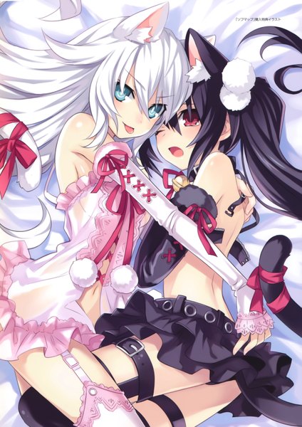 Anime picture 4916x6960 with choujigen game neptune noire black heart tsunako long hair tall image highres blue eyes light erotic black hair red eyes bare shoulders multiple girls animal ears absurdres cleavage white hair cat ears official art cat girl