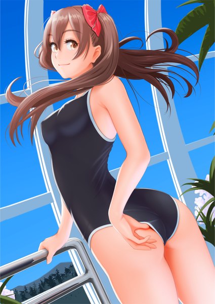 Anime picture 724x1023 with original nanahime (aoi) single long hair tall image blush light erotic brown hair twintails brown eyes looking back covered nipples girl bow swimsuit hair bow one-piece swimsuit competition swimsuit black swimsuit